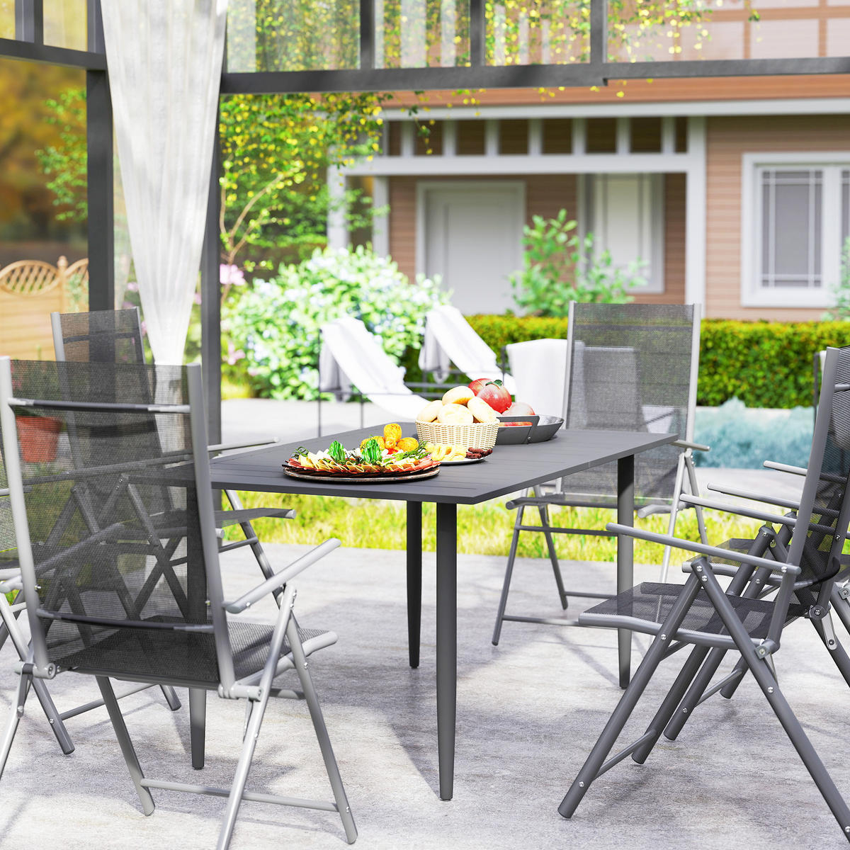 GARTENTISCH DE-07277 mit Schirmloch und Lattendesign Schwarz - Schwarz, Metall (150/90/73cm) - ComfortXL