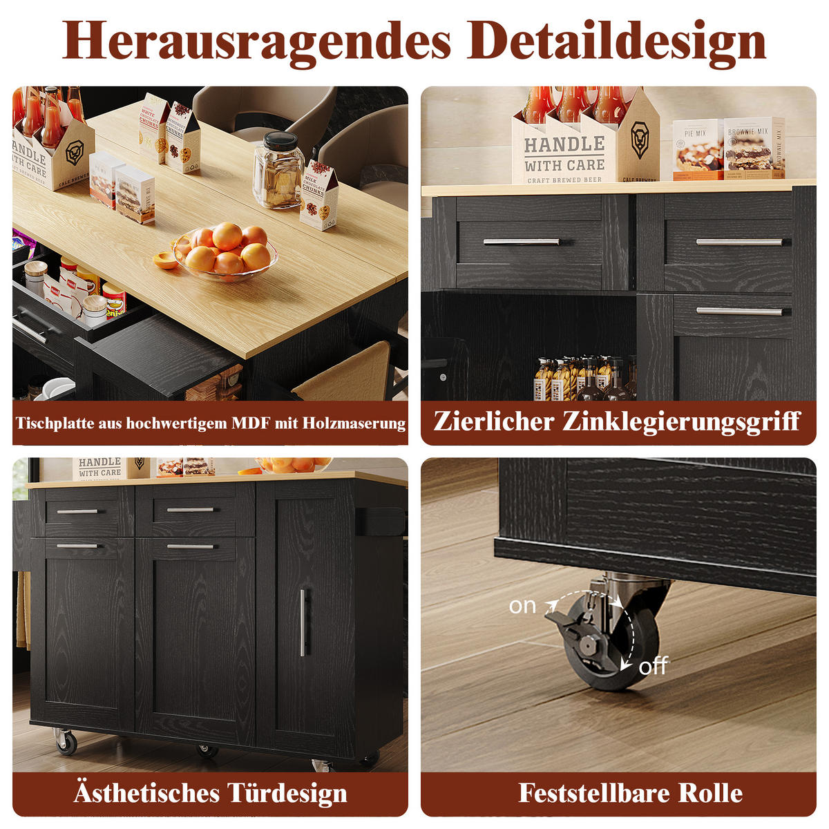 KÜCHENWAGEN 110x74x90.5cm Schwarz mit Schränken & fixierbaren Rollen - Schwarz, Holzwerkstoff (110/90.5/74cm) - Modfu