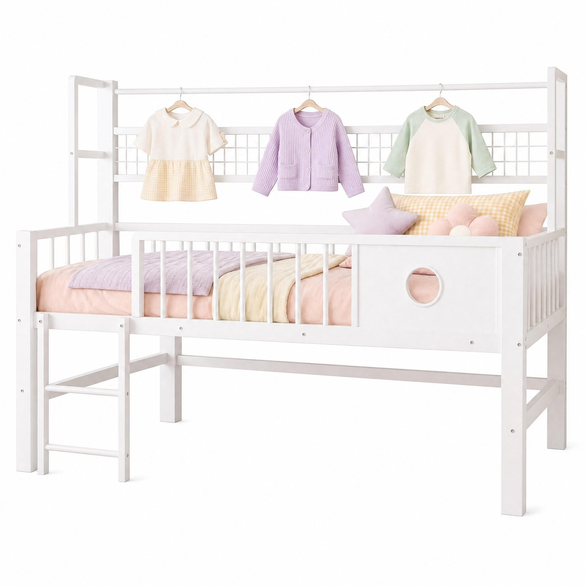 HOCHBETT 90/200 cm in Weiß mit Kleiderstange und Regal - Weiß, Holzwerkstoff/Metall (90/200cm) - CHICFURN