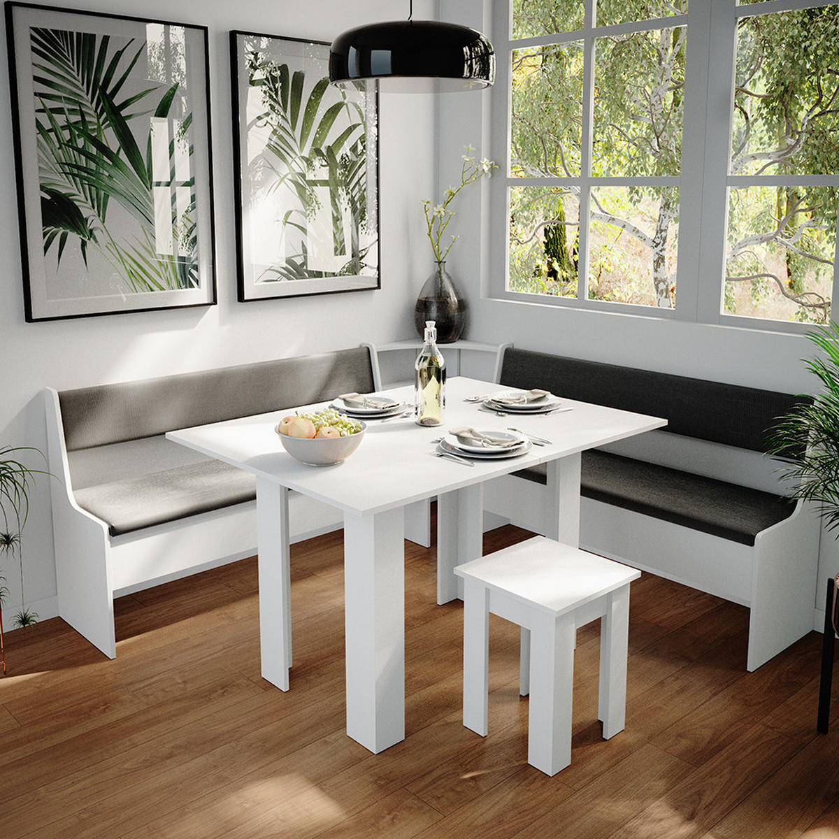 ECKBANKGRUPPE Roman Weiß 180 x 41.5 cm mit Tisch - Anthrazit/Weiß, Holzwerkstoff (180/80/180cm) - Vicco