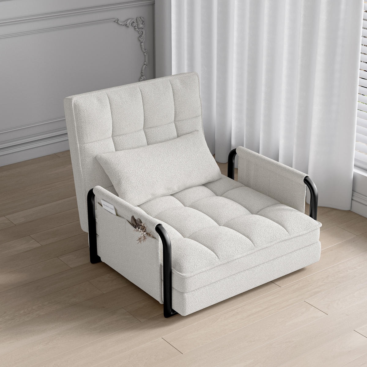 SCHLAFSOFA 5-fach verstellbar, Multifunktional, Beige Bouclé-Stoff - Beige, Holz (78/55/180cm)