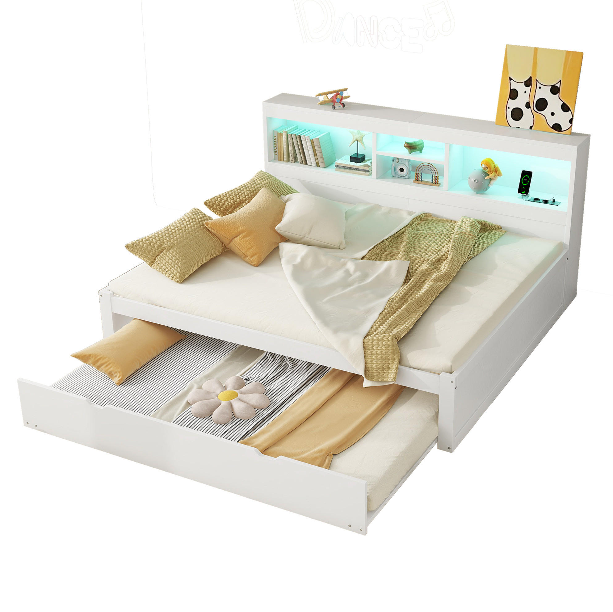 Redom POSTEL 140/200 cm s LED osvětlením, výsuvným lůžkem, zásuvkou a USB, úložným prostorem, Bílá