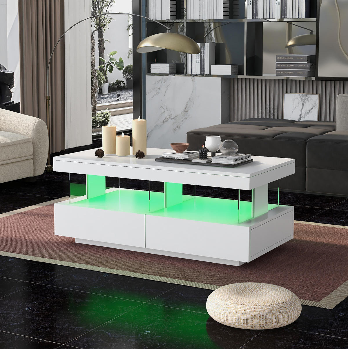 KLUBSKA miza, 100/60/49,5 cm, bela, z LED-osvetlitvijo in 2 predaloma - bela, leseni material (100/60/49.5cm) - BEAOK