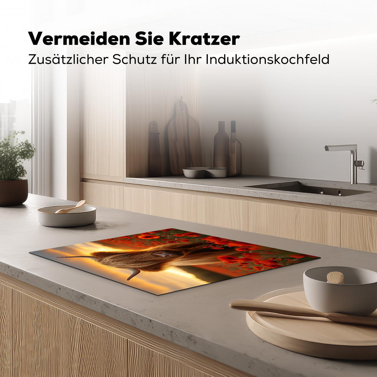 HERDABDECKPLATTE Schottische Highlander - Rosen - Blumenfeld - Sonnenuntergang Herdabdeckung Induktionsfeld 65x52 cm - Rotbraun, Kunststoff (65/52/0.2cm) - MuchoWow