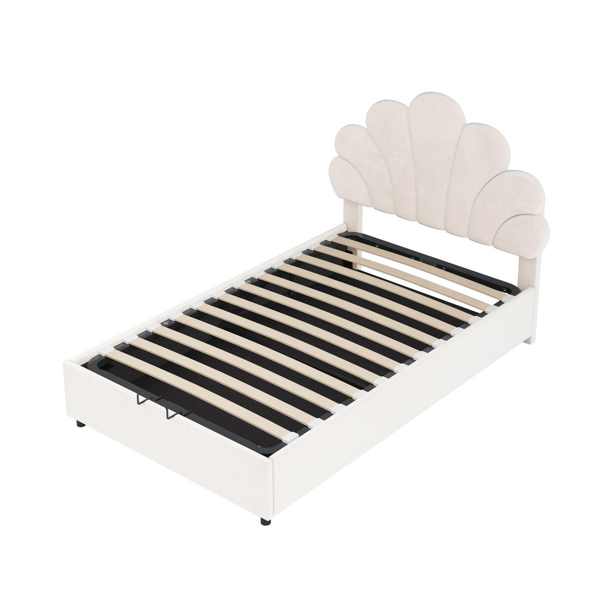 KINDERBETT 90/200 cm Beige mit Samtbezug höhenverstellbarem Kopfteil und hydraulischem Stauraum - Beige, Textil (90/200cm) - OKWISH