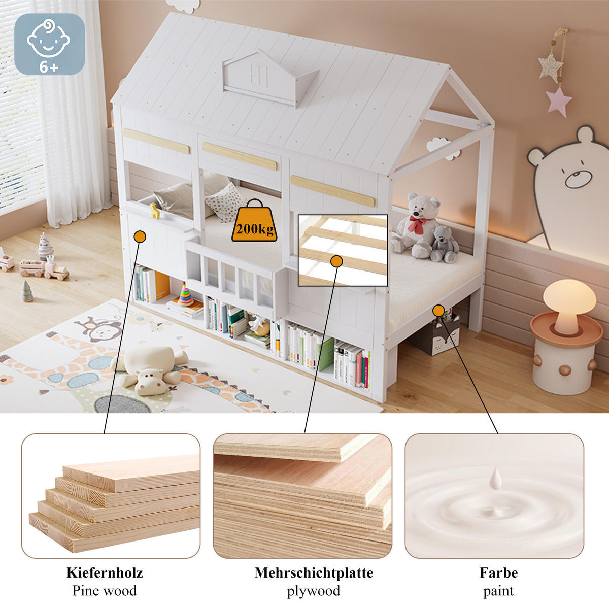 HAUSBETT 90x200 cm mit einer Reihe Bücherregal in Weiß - Weiß, Holz (90/200cm) - KOMHTOM