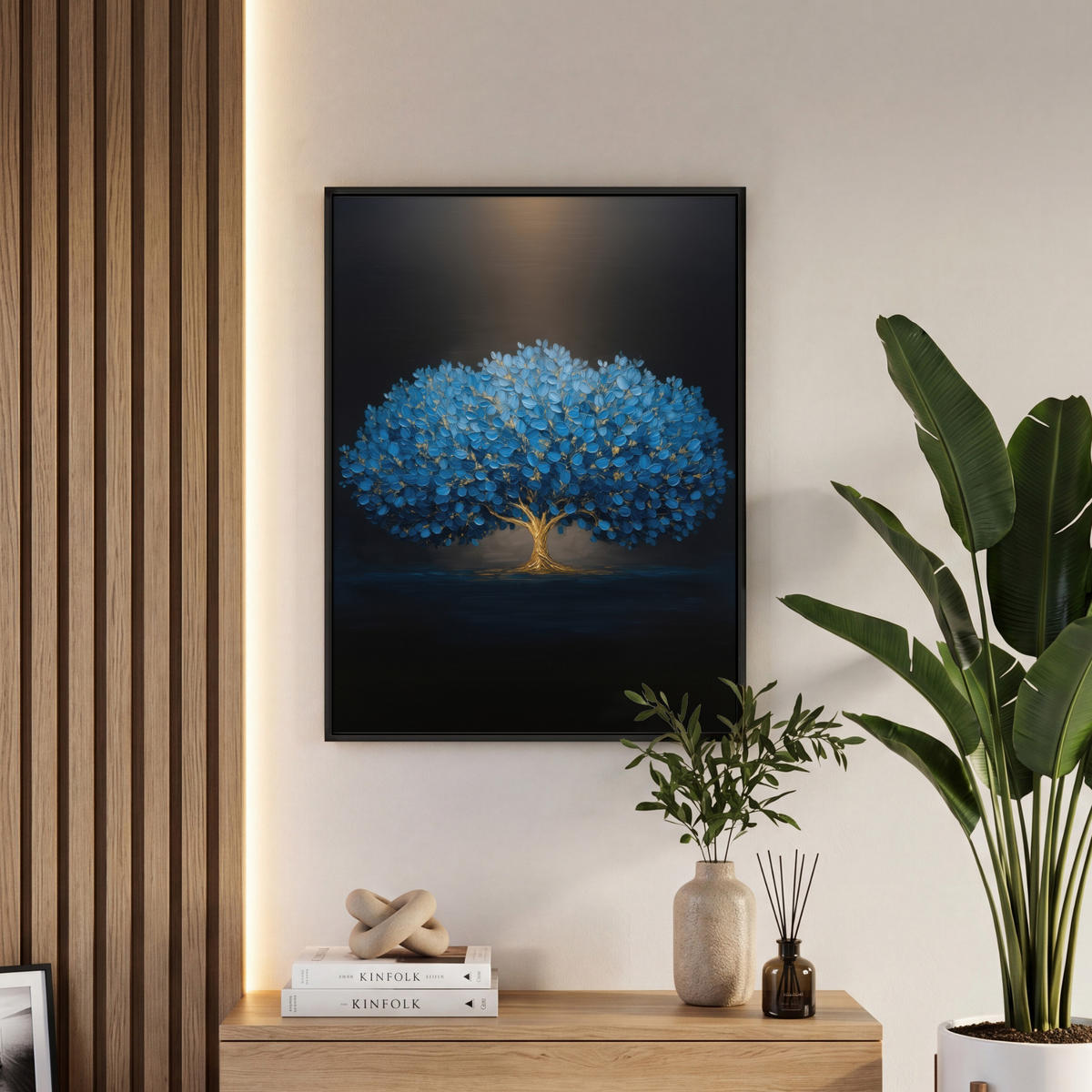LEINWAND Bilder mit Rahmen - Baum - Blau - Blätter - Pinselstriche - 50x70 - Blau, Textil (50/70cm) - MuchoWow