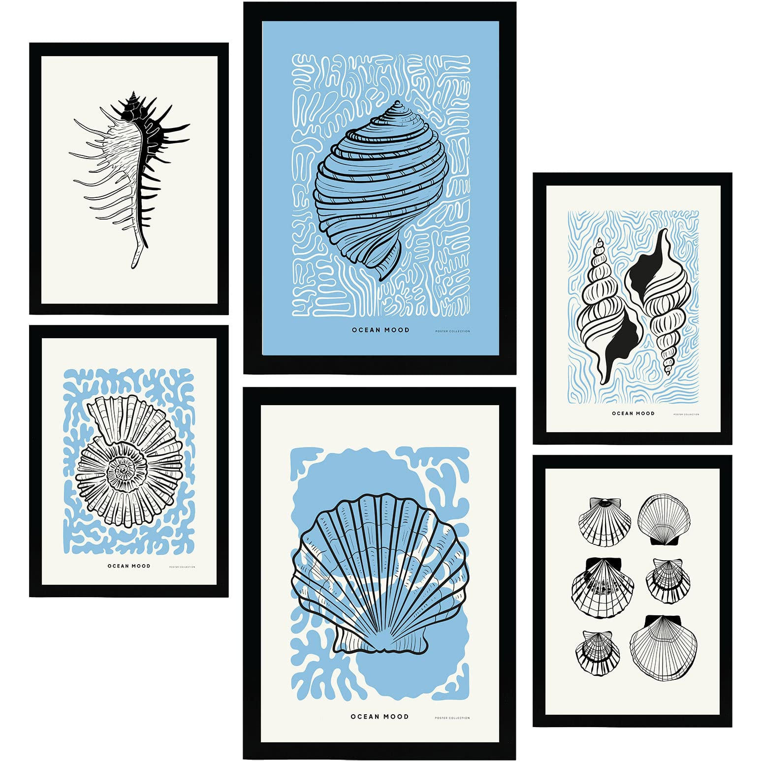 POSTER Set Mit 6 In Schwarzer Tinte Irises Kunstdrucke Von Meer Und Ozean Für Innenarchitektur A3 & A4 Schwarzer Rahmen - Schwarz, Papier (29/3cm) - Nacnic