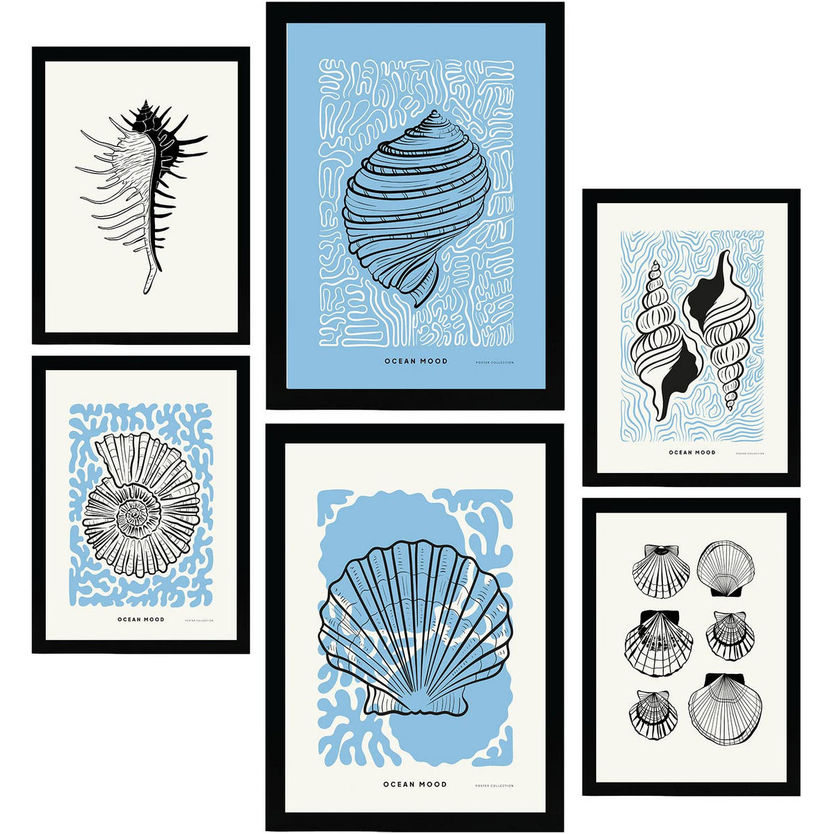 POSTER Set Mit 6 In Schwarzer Tinte Irises Kunstdrucke Von Meer Und Ozean Für Innenarchitektur A3 & A4 Schwarzer Rahmen - Schwarz, Papier (29/3cm) - Nacnic