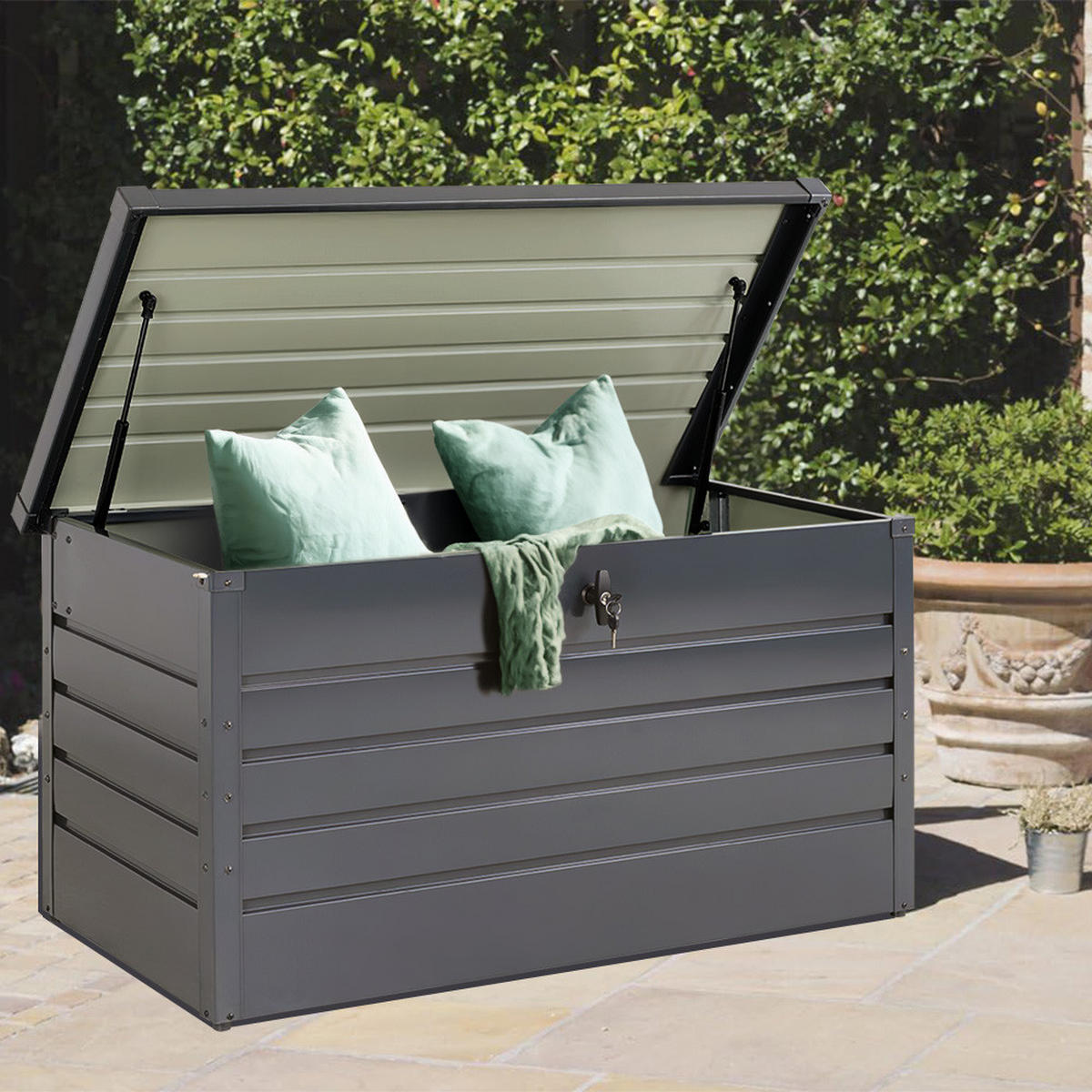 GARTENBOX Auflagenbox Kissenbox mit Schloss für Werkzeuge aus Metall in Schwarz in AußenGarten abschließbar 120 x 61 x 63 cm 20 kg - Schwarz, Metall (120/63/61cm) - Livingandhome