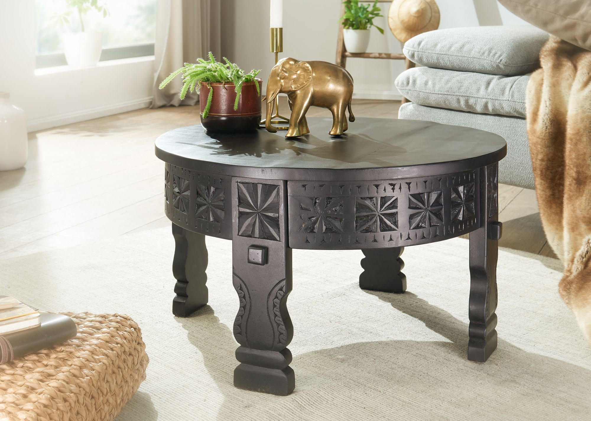 Thumbnail - Kadima Design Couchtisch, Schwarz, Holz, Echtholz,Mangoholz, Rund,Rund, Stativgestell, 60x36x60 cm, Wohnzimmer, Wohnzimm...