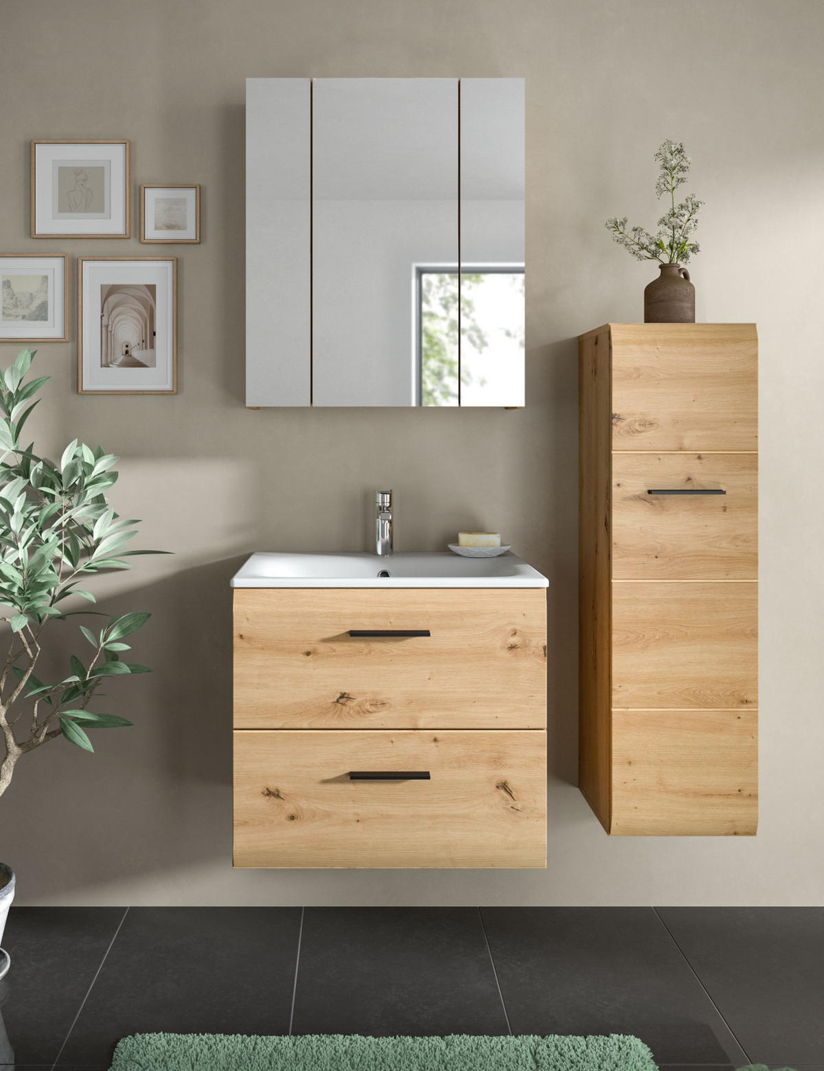 BADMÖBEL SET 3-teilig in Artisan Eiche, Badkombination 105 x 185 cm, Cover - Schwarz/Eiche Artisan, Glas/Keramik (105/185/30cm) - Inn.Furn