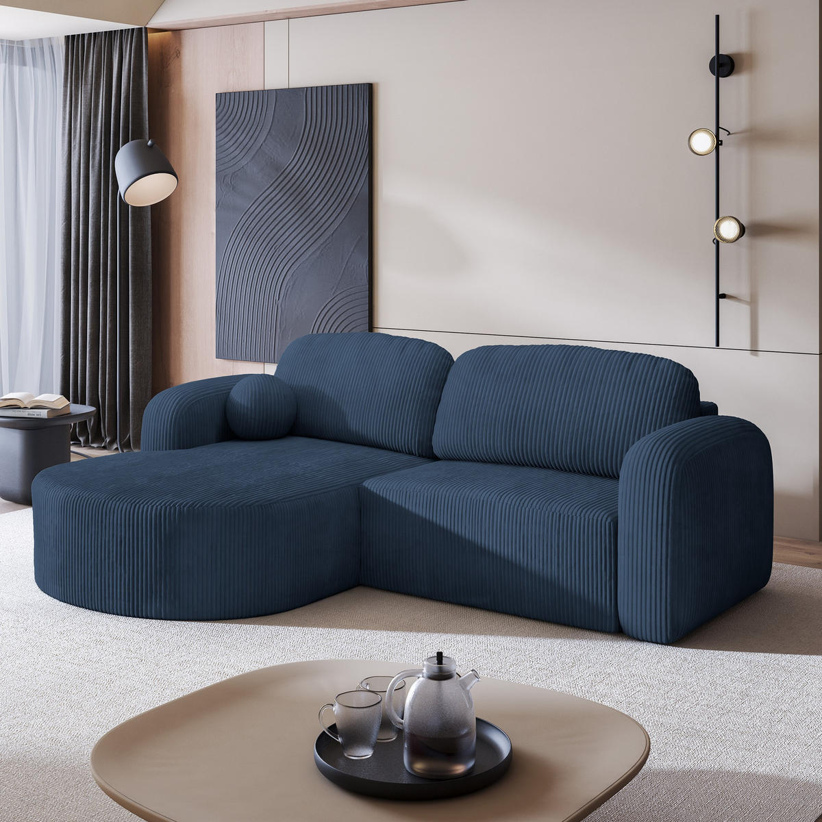 ECKSOFA AMILIA P L-S Blau Kordstoff mit Schlaffunktion - Blau, Holz (263/174cm) - MASSENO