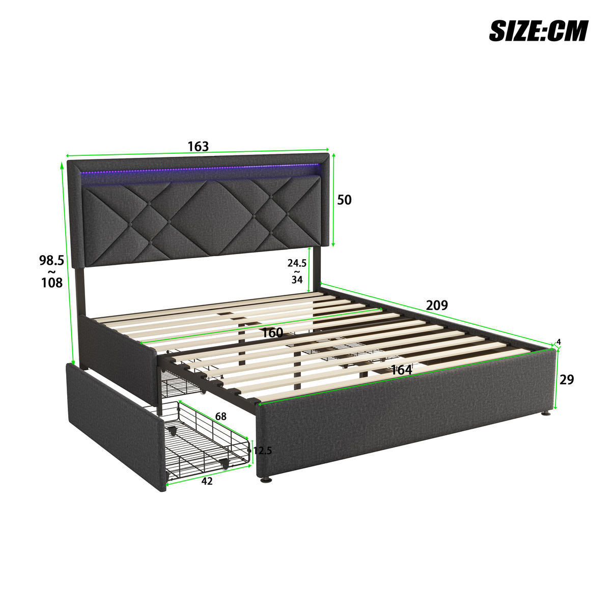 POLSTERBETT 160x200 cm, Grau, mit USB & Type-C, LED-Beleuchtung - Grau, Textil/Metall (160/200cm)