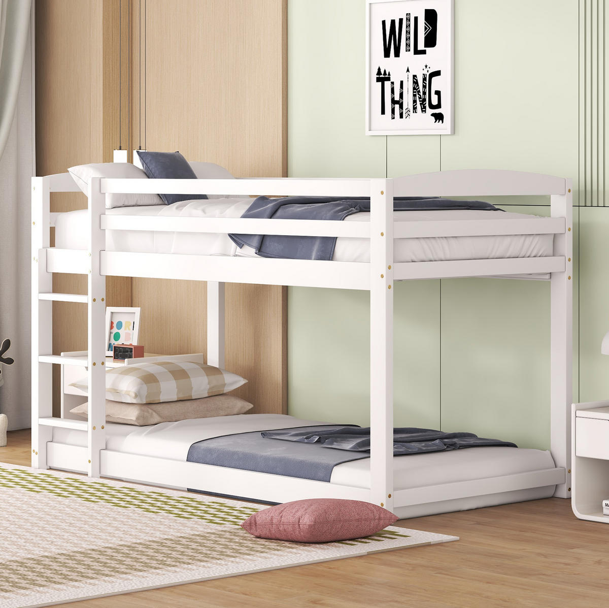 ETAGENBETT aus Kiefer 90x200 cm Weiß mit niedrigem Profil, Sicherheitsgeländer und platzsparendem Design - Weiß, Holzwerkstoff (90/200cm) - Modfu