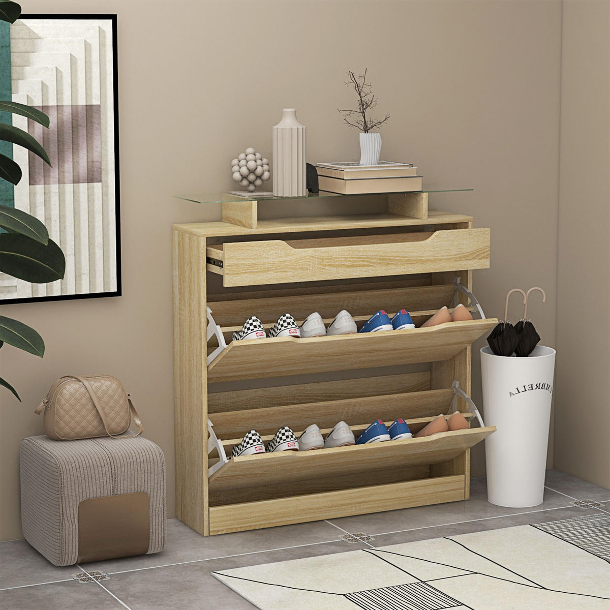SCHUHSCHRANK DE-15003 mit 2 Klapptüren, Schublade & Glasablage Eiche - Eichefarben, Holzwerkstoff (89/96/23cm) - ComfortXL