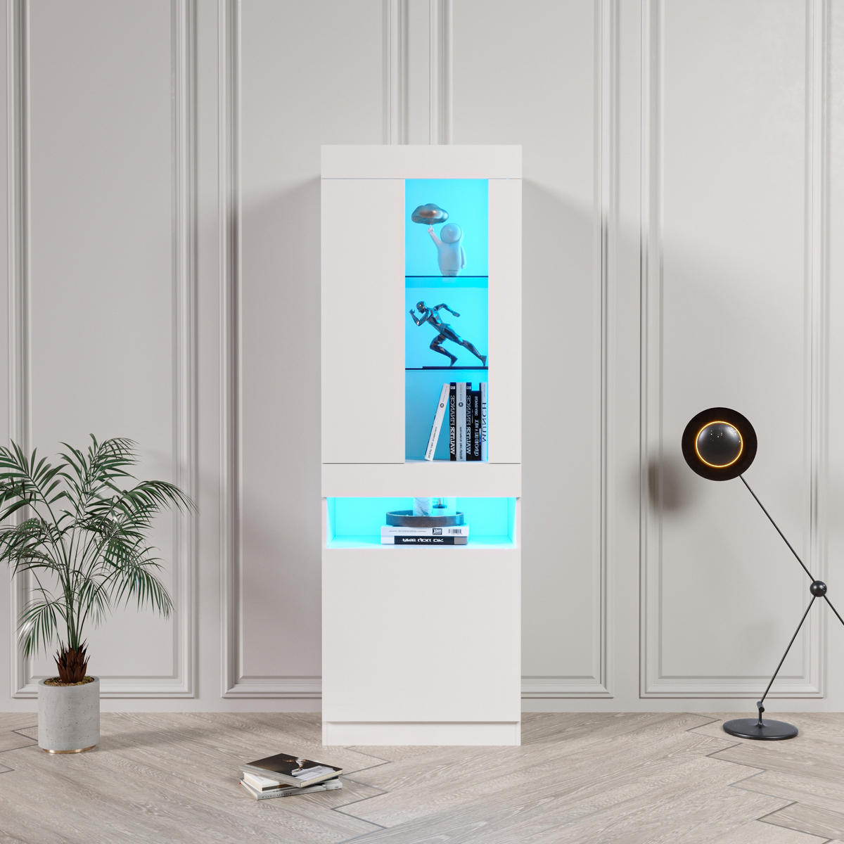 VITRINE in Weiß Vitrinenschrank mit LED Beleuchtung für Wohnzimmer, H180/B50/T40cm - Weiß, Glas/Holzwerkstoff (50/180/40cm) - STILVORA