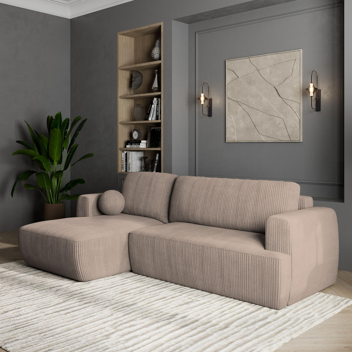 ECKSOFA SENTI P L-S Beige Kordstoff mit Schlaffunktion - Beige, Holz (246/148cm) - MASSENO
