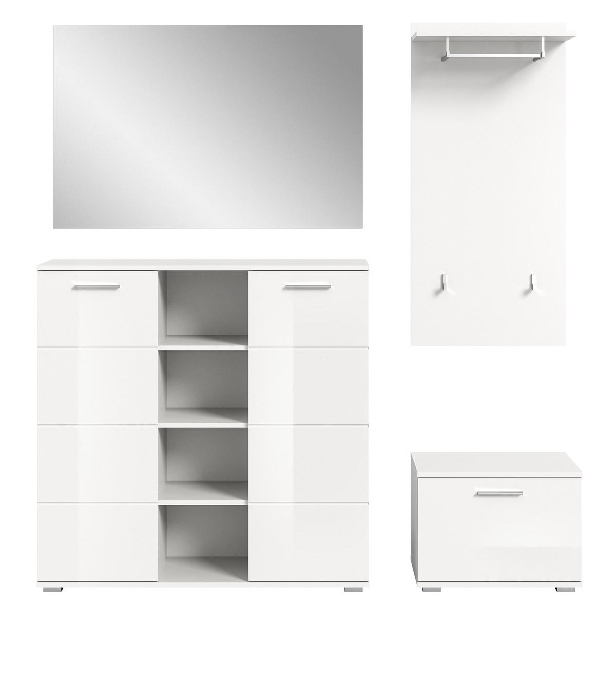 GARDEROBE Set 4-teilig weiß Hochglanz, Garderobenkombination mit viel Stauraum - Weiß Hochglanz/Silberfarben, Glas/Holzwerkstoff (180/191/37cm) - Inn.Furn