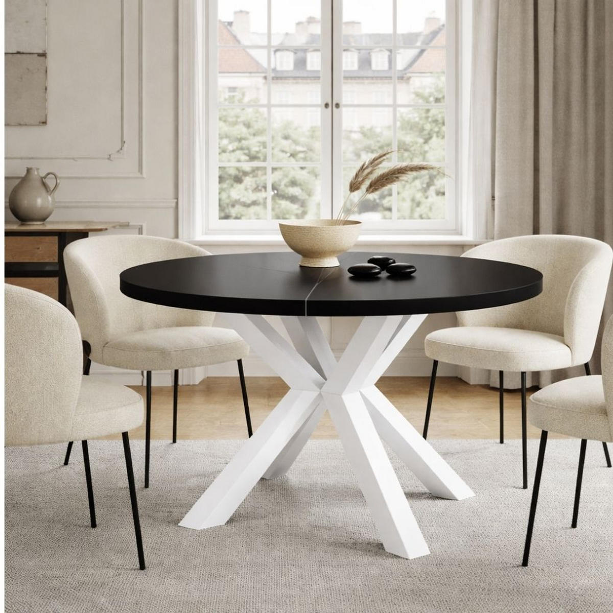 ESSTISCH RAL mit Holzbeinen, Durchmesser: 100 / 150 cm Schwarz / Weiß - Schwarz/Weiß, Holz (100/150/77cm) - Dekori_Interiors