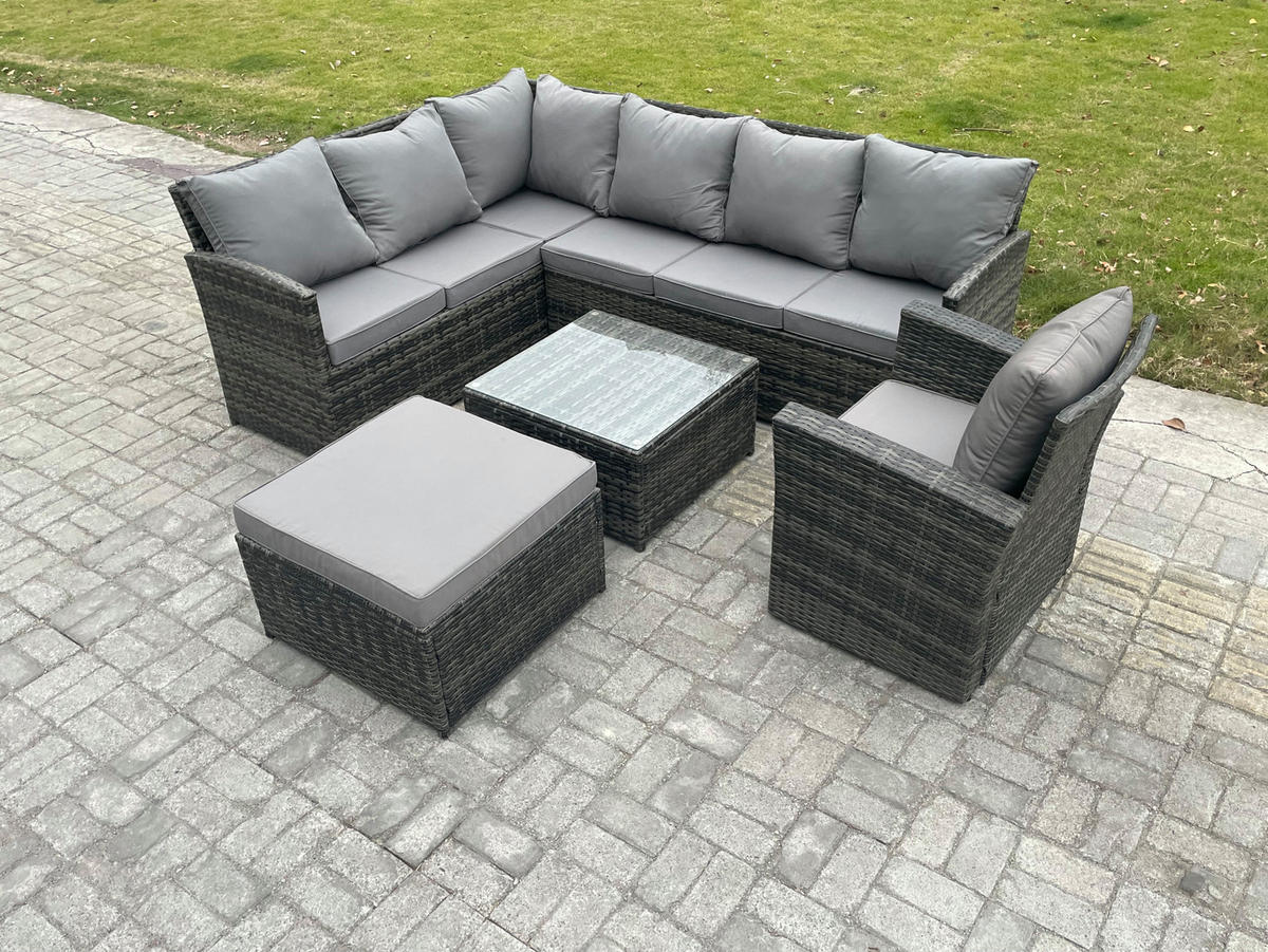 GARTENGARNITUR mit Ecksof,Couchtisch,Fußhocker Polyrattan Dunkelgrau 8-Sitzer - Dunkelgrau/Grau, Glas/Kunststoff - Fimous