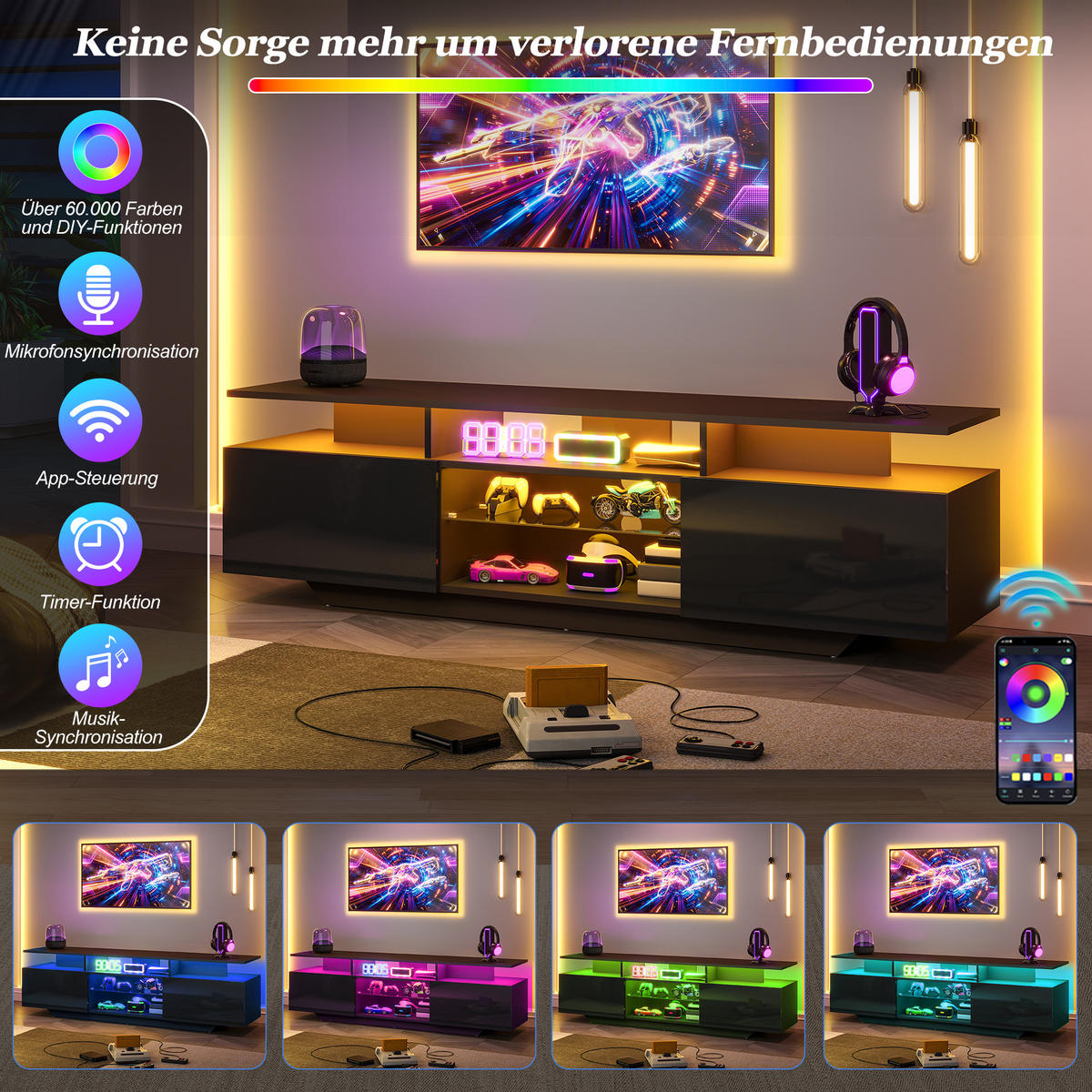 TV-SCHRANK schwarz aus MDF mit gehärtetem Glas und App-gesteuerter USB-LED 160 × 40 × 45 cm - Schwarz, Holzwerkstoff (160/45/40cm) - Luhomfu