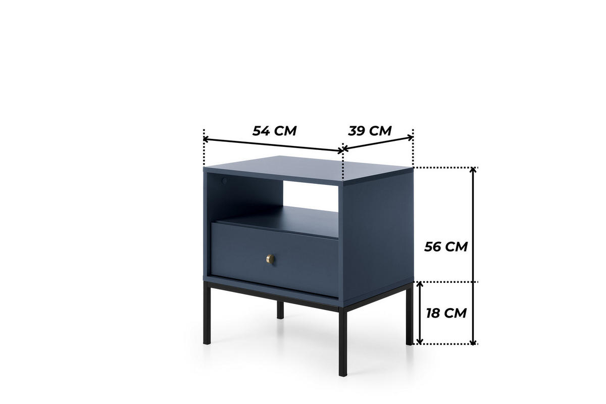NACHTTISCH BARI SN1SZ (Blau, Goldene Griffe, Schwarzes Gestell, Schublade) - Goldfarben/Schwarz, Holz/Holzwerkstoff (54/56/39cm) - Ravio