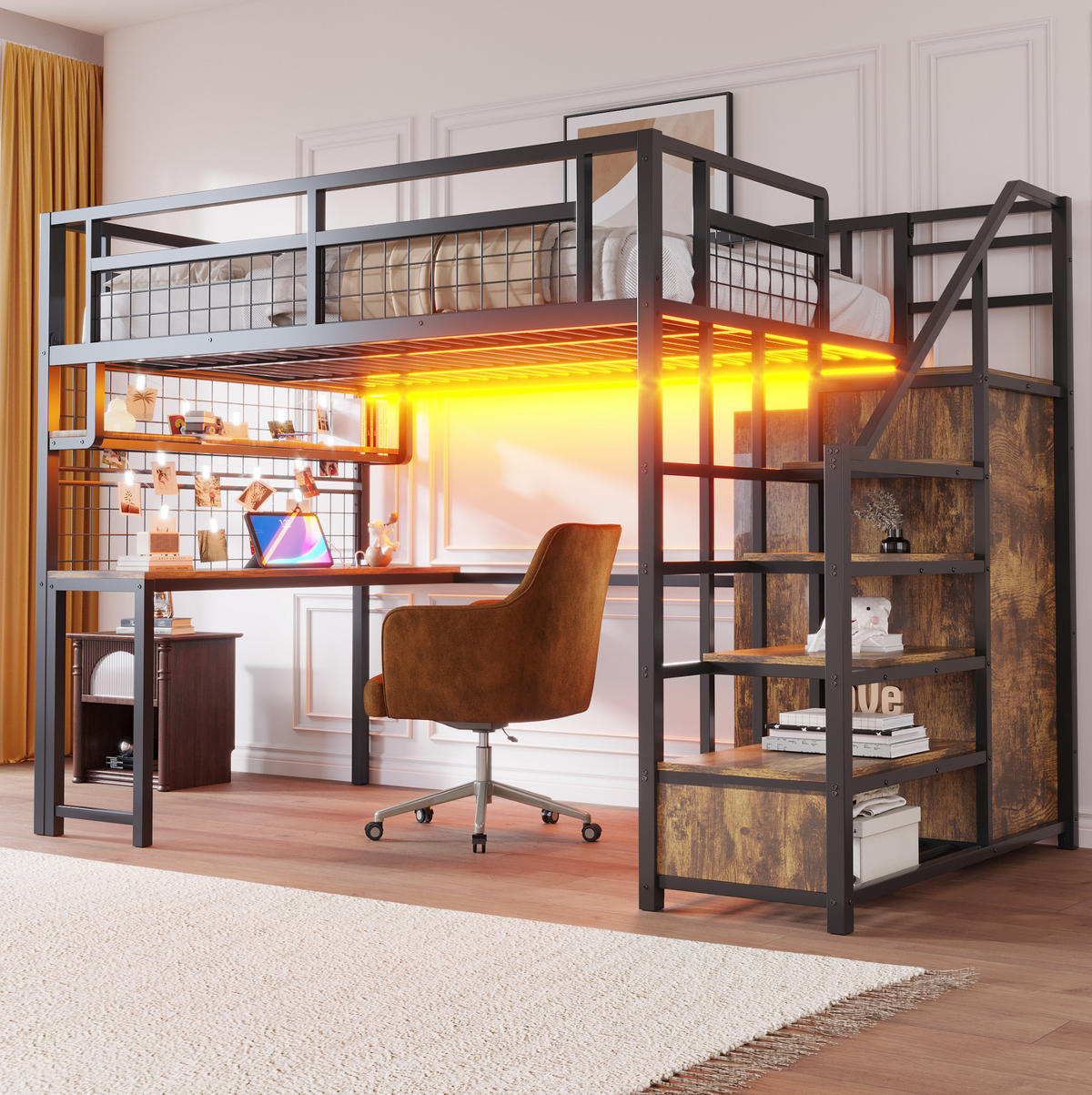 HOCHBETT 140/200 cm aus Metall mit Schreibtisch, Stauraumtreppe, Schwarz - Schwarz, Metall (140/200cm) - OKMYHOME