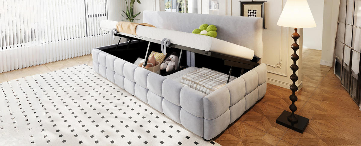 POLSTERBETT 90/200 cm Hellgrau aus Samt mit Stauraum - Hellgrau, Textil (90/200cm) - OKMYHOME