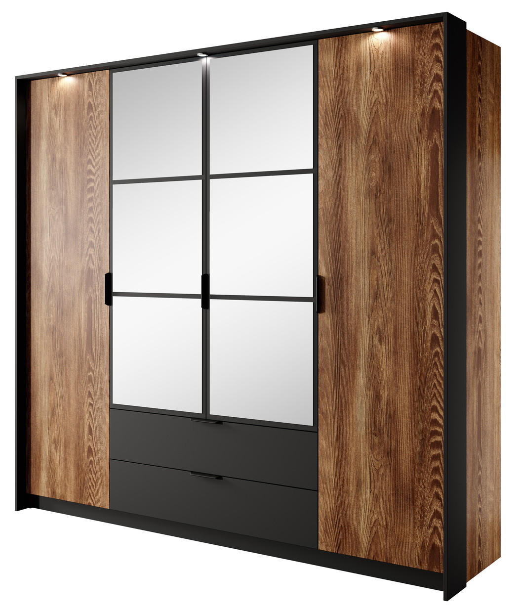 KLEIDERSCHRANK 225 cm mit LED Taviano, 4 Türen, Spiegel - Eichefarben, Holz (223/210/59cm) - Emporius