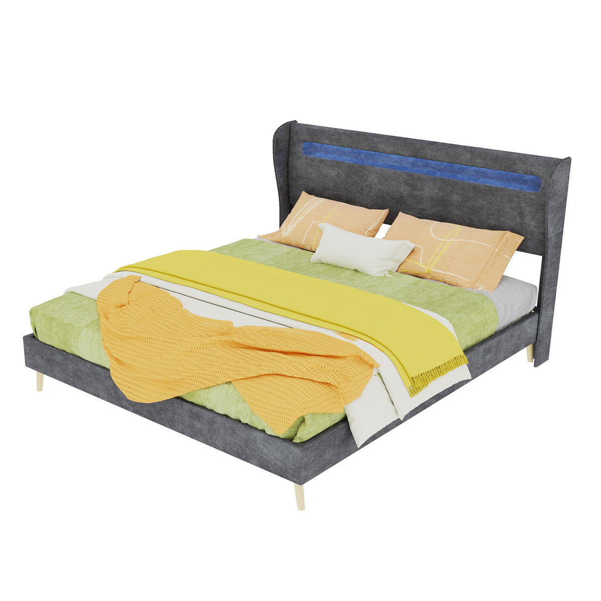 POLSTERBETT 160/200 cm mit verstellbarer Rückenlehne und LED-Beleuchtung, Grau - Grau, Textil (160/200cm) - Redom