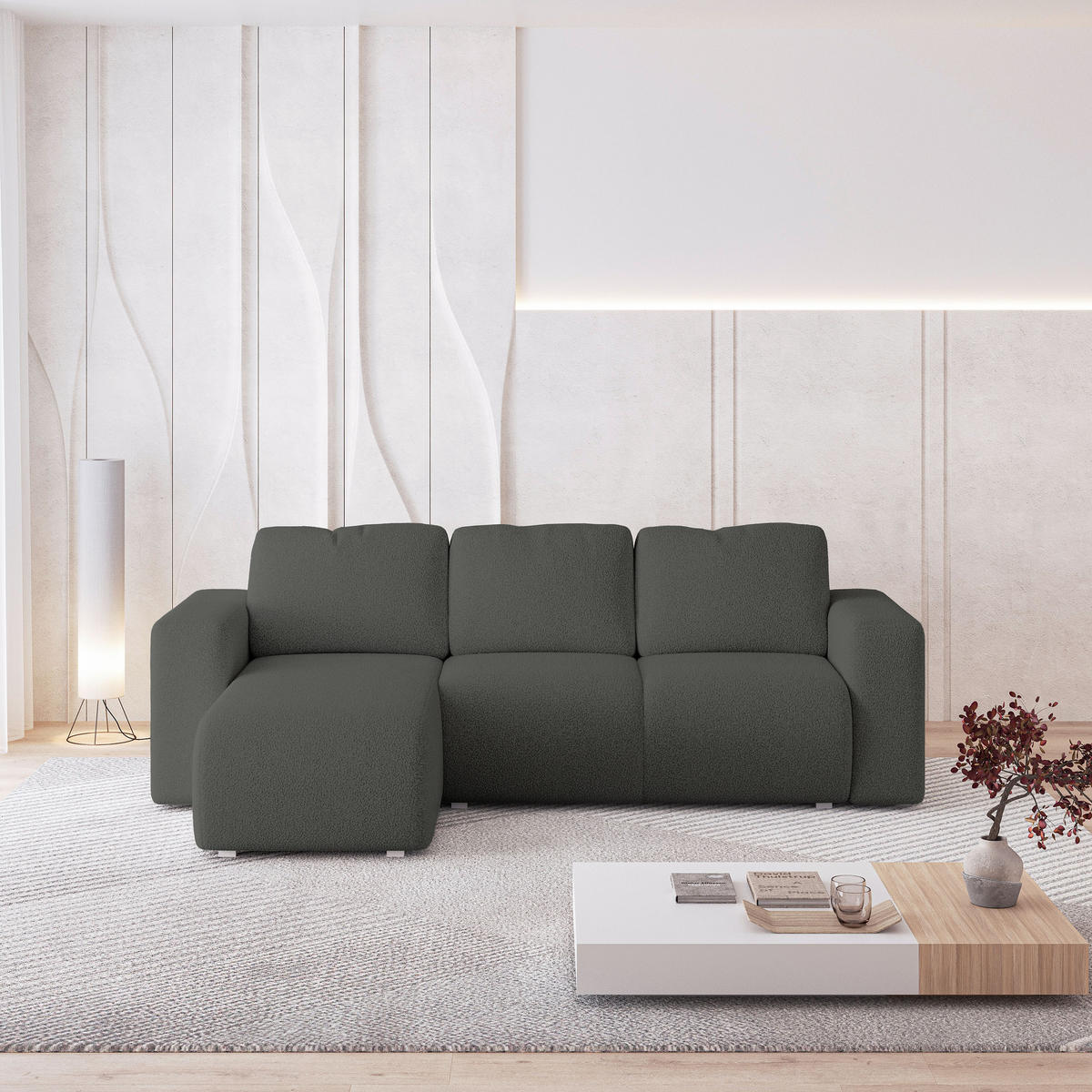 ECKSOFA RINOVA Grau Boucle-Stoff mit Schlaffunktion - Grau, Holz (250/143cm) - MASSENO