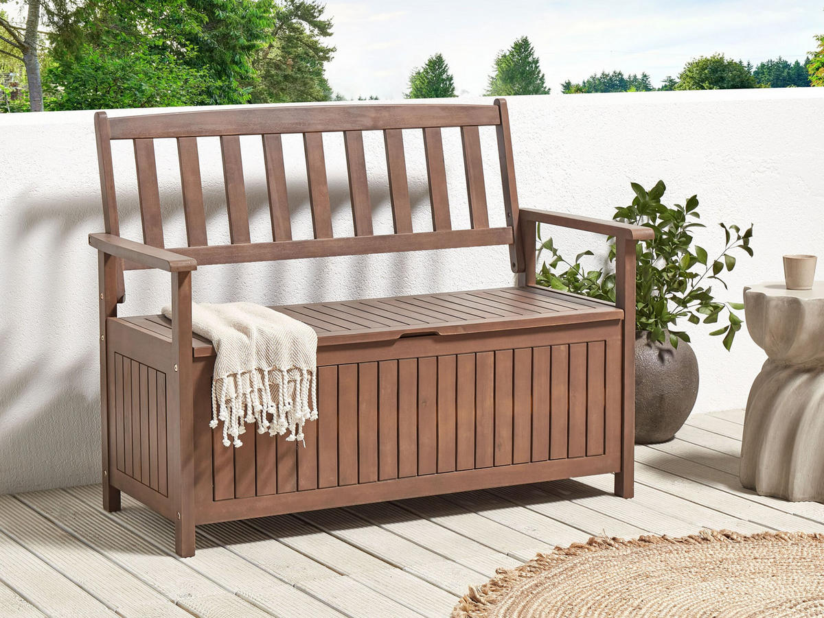 GARTENBANK Akazienholz dunkelbraun mit Stauraum 120 cm Sovana - Dunkelbraun, Holz (120/91/60cm) - Beliani