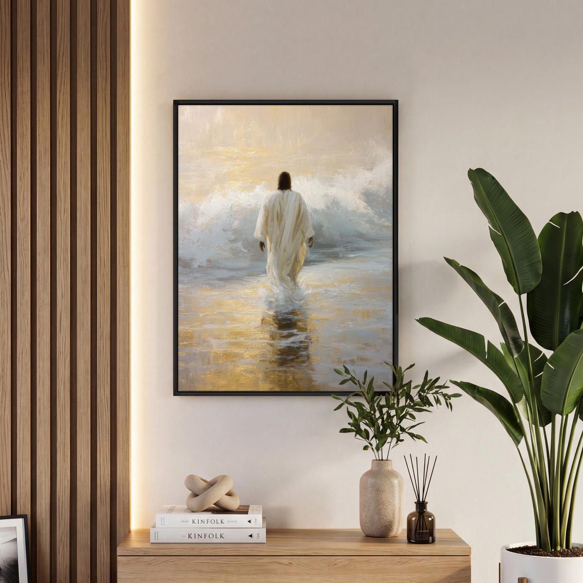 LEINWAND Bilder mit Rahmen - Gemälde - Welle - Jesus - Abstrakt - 60x80 - Goldfarben, Textil (60/80cm) - MuchoWow