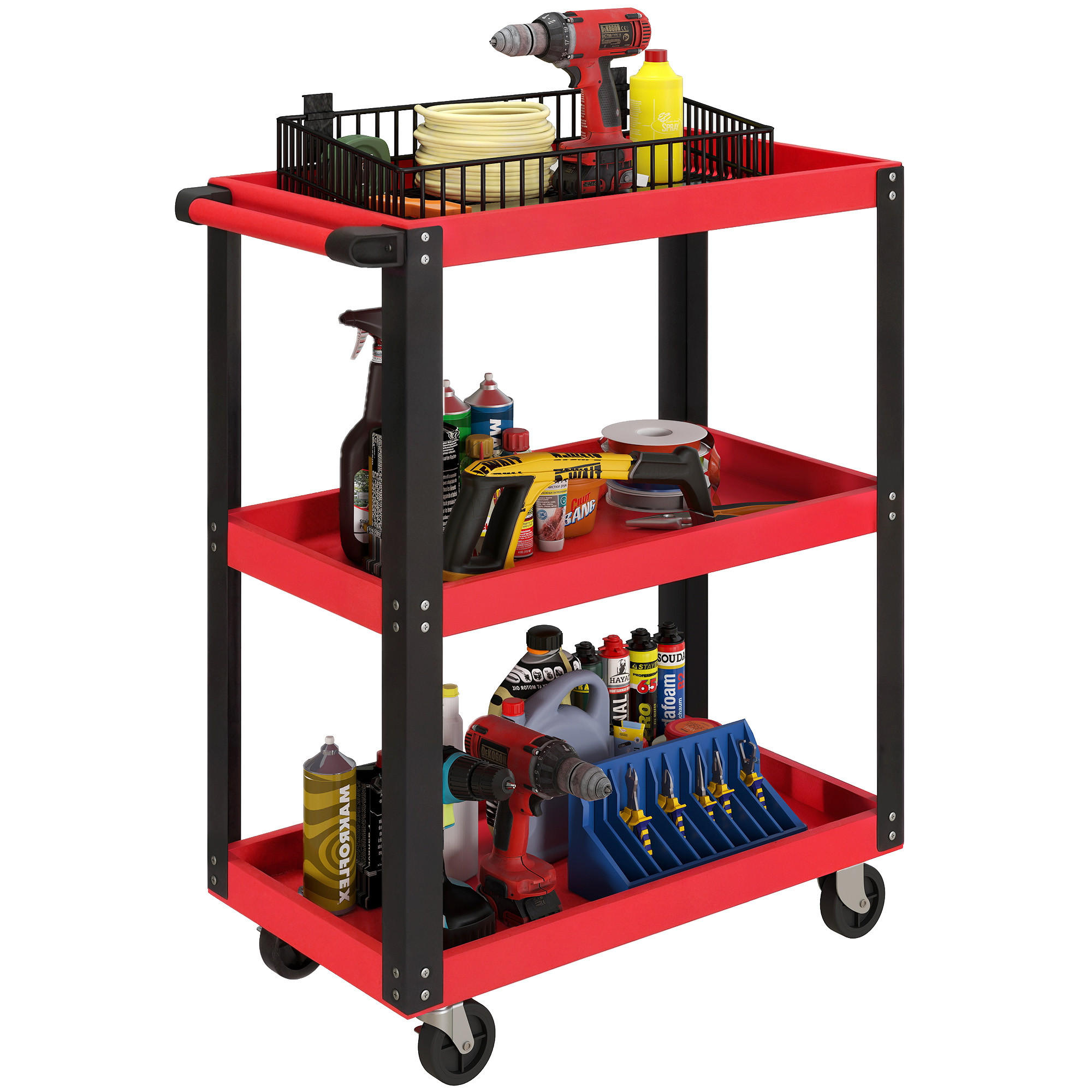 WERKZEUGWAGEN DE-09503 3 Ebenen mit Metallrahmen Rot - Rot, Metall (35/82.5/70.5cm) - ComfortXL