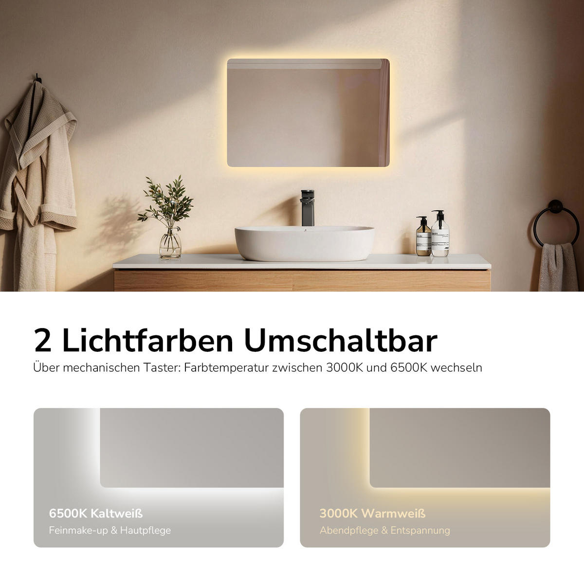 BADSPIEGEL mit Anti-Beschlag Beleuchtung Rechteckig 60/40 cm - Weiß, Glas (40/3.6/60cm) - EMKE