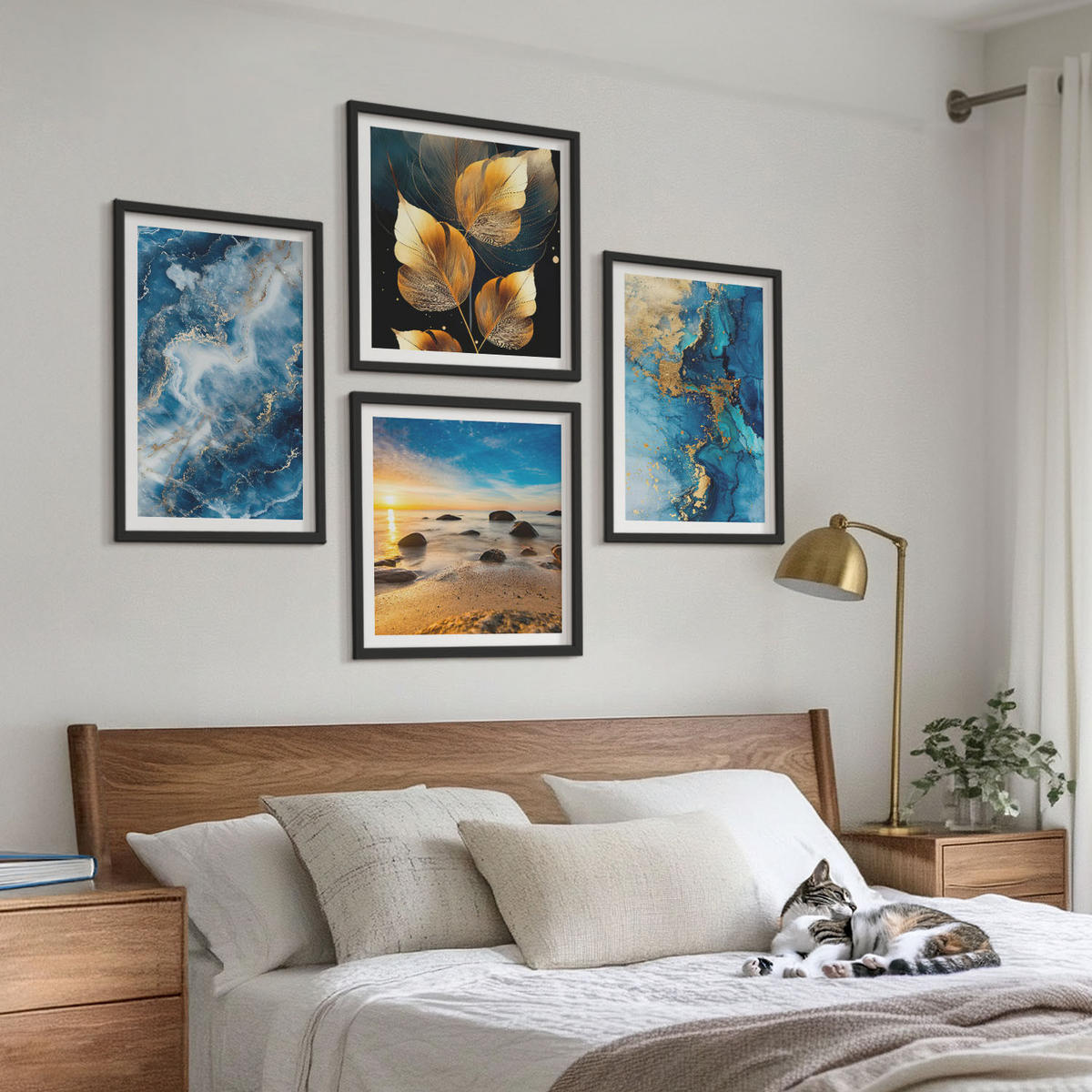 WANDBILDER 4er-Set - 50x50 cm & 40x60 cm Schwarzer Rahmen - Bilder mit blau-goldenen Mustern - Schwarz, Kunststoff (50/50cm) - ArtPrintCave
