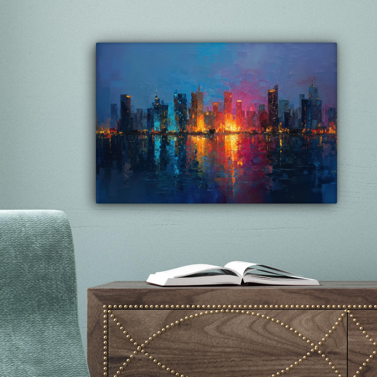 LEINWANDBILD Skyline - Pinselstriche - Dunkelblau - Leuchtend Deko Schlafzimmer 30x20 cm - Blau, Textil (30/20cm) - MuchoWow