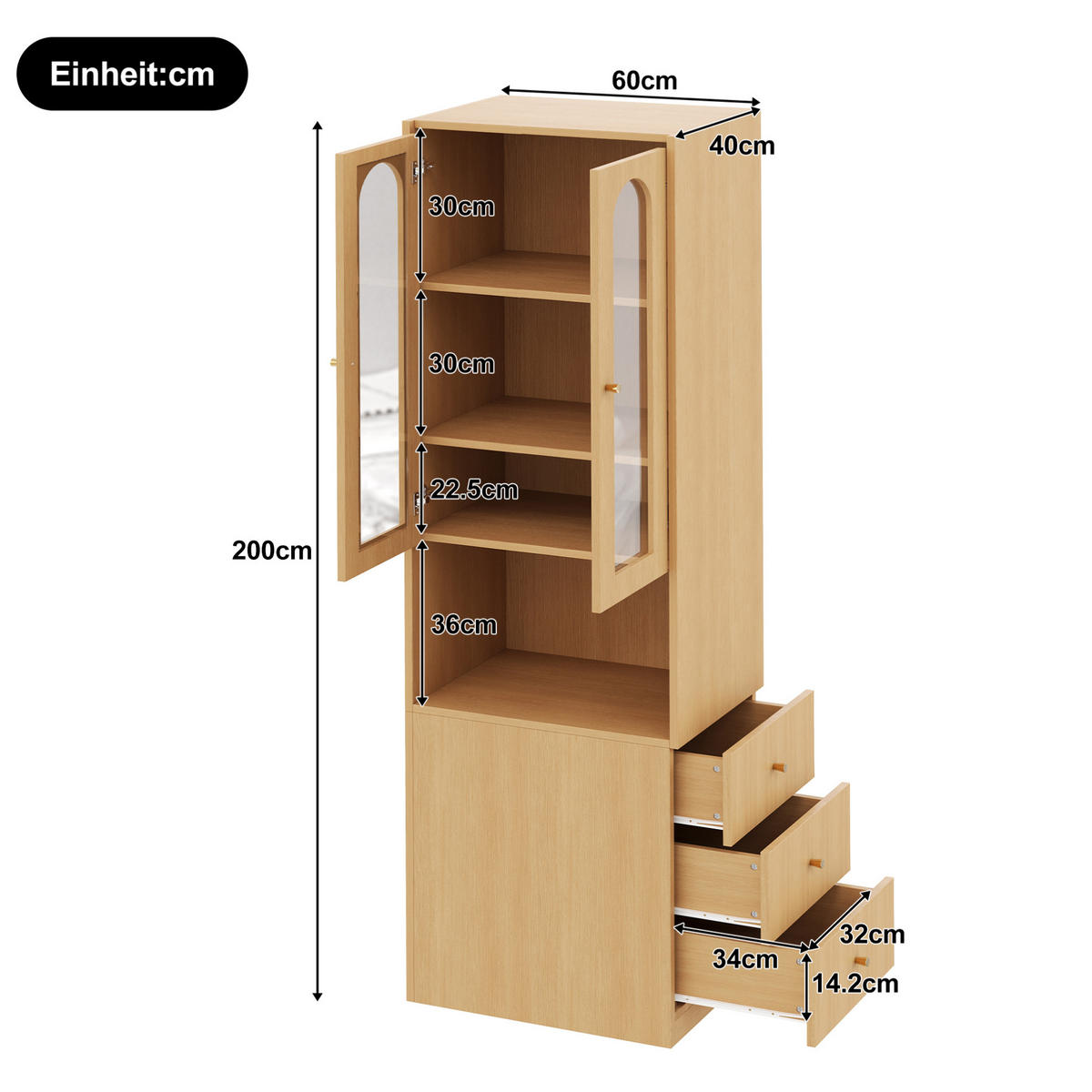HIGHBOARD 60/40/200 cm in Eichefarben mit LED-Beleuchtung und GlasHighboard - Eichefarben, Holzwerkstoff (60/200/40cm) - Flora Grace