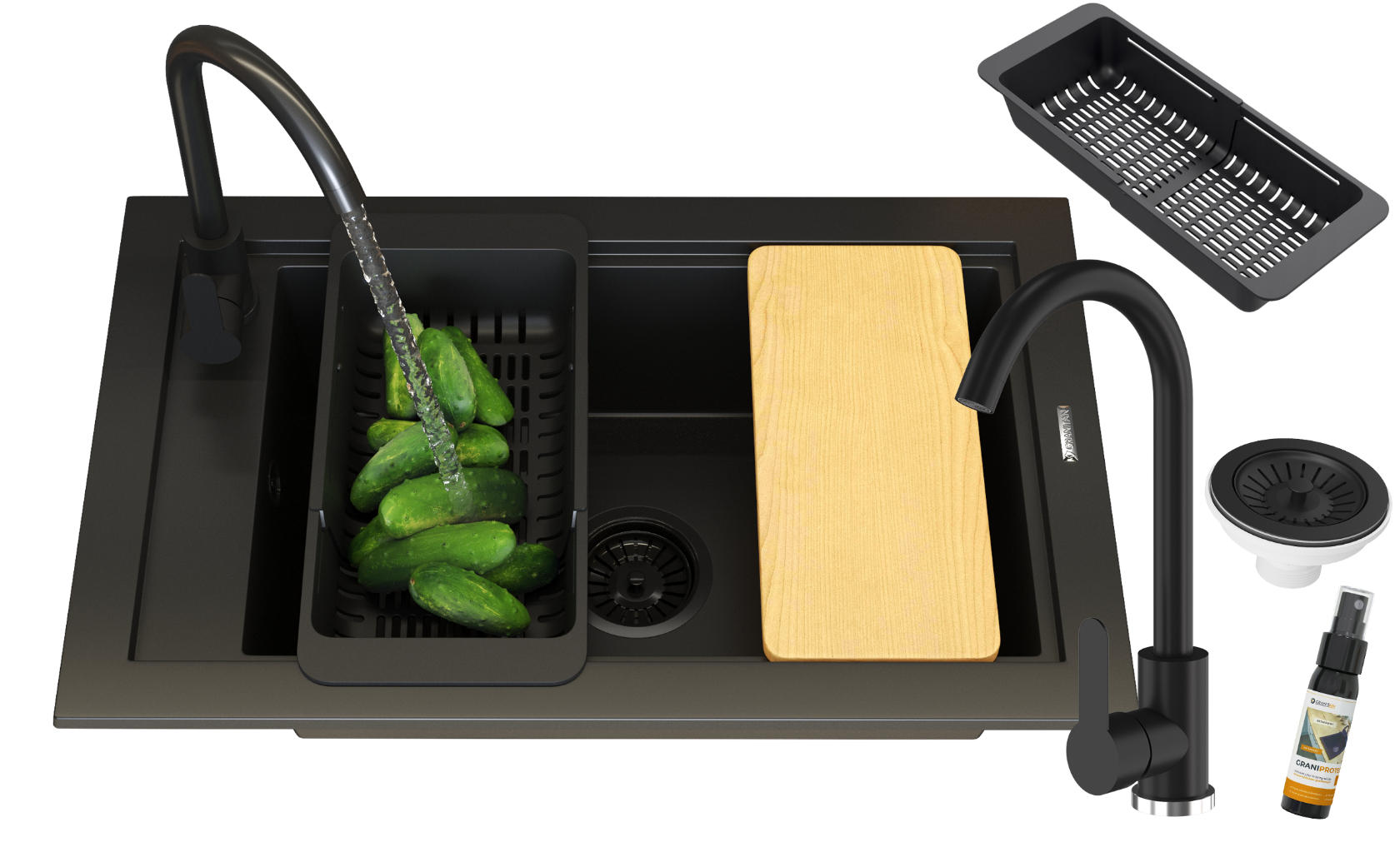 GRANITSPÜLE Panama mit Batterie Siphone - Schwarz, Kunststoff/Stein (43/18/69cm) - Granitan