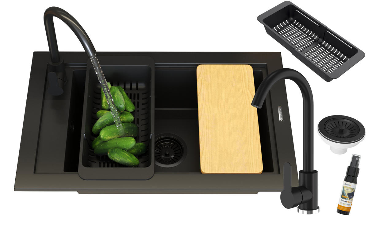 GRANITSPÜLE Panama mit Batterie Siphone - Schwarz, Kunststoff/Stein (43/18/69cm) - Granitan