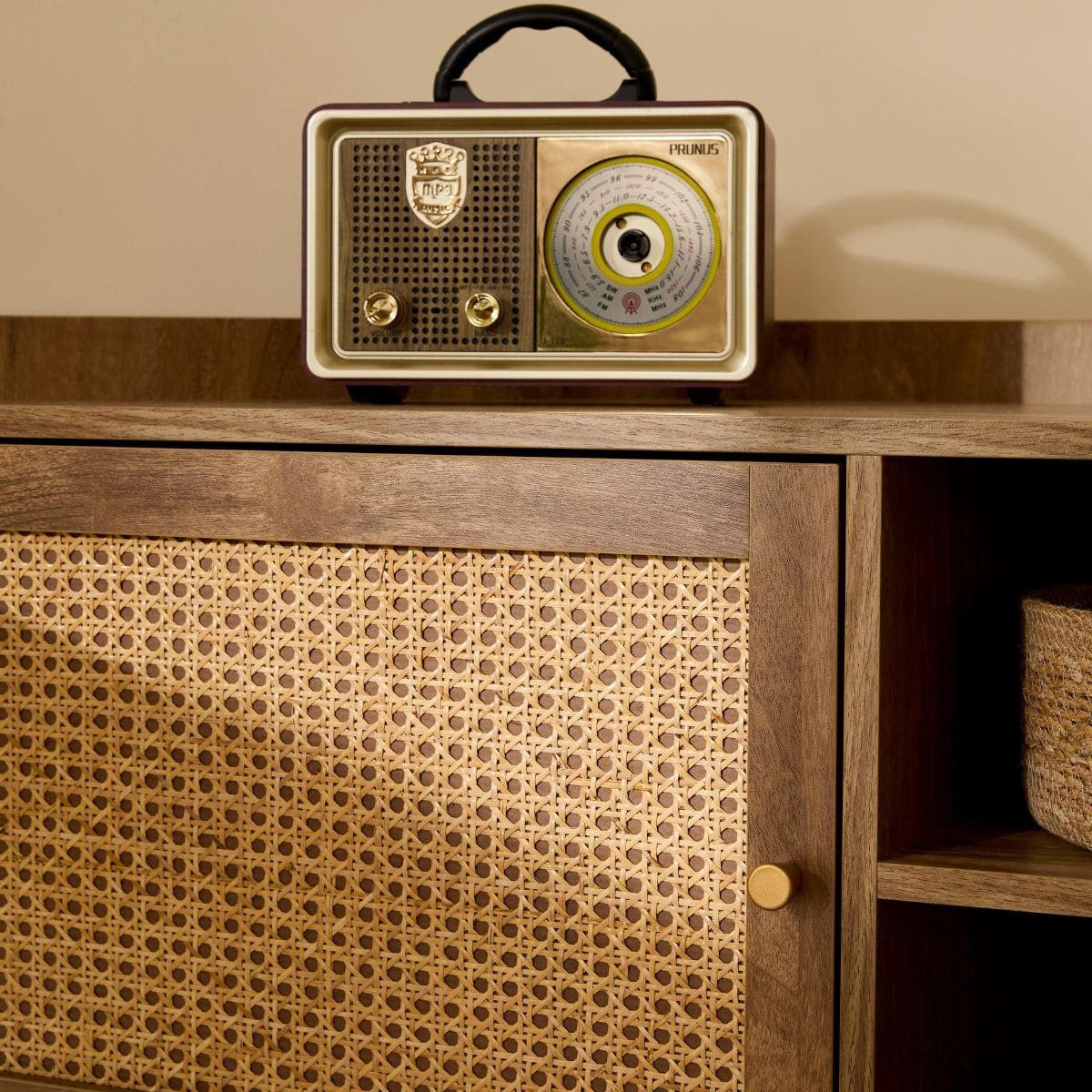 ECK-TV-MÖBEL mit 1 Tür und Rattanfront sowie 2 offenen Fächern, L120 cm 40/120/60 cm - Eschefarben, Holzwerkstoff (40/60/48.5cm) - Calicosy