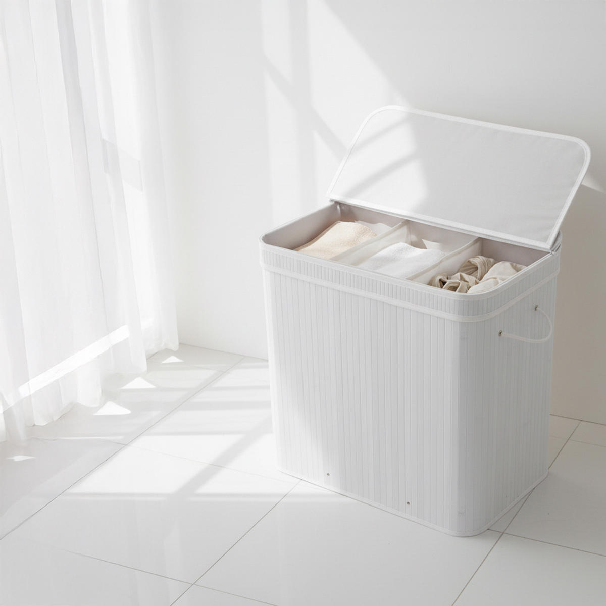 KÔŠ na prádlo - biela, drevo/textil (41.5/61/61.5cm) - Relaxdays