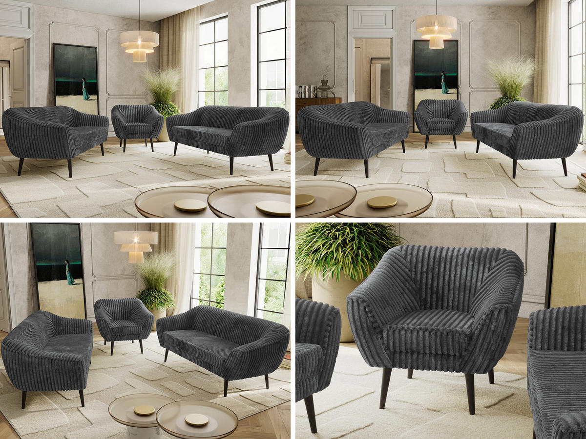 SEDACÍ SOUPRAVA 3+3+1 PIRS - Šedá Manšestr - Černé nohy - šedá/černá, kompozitní dřevo/textil (180/75/74cm) - MKS