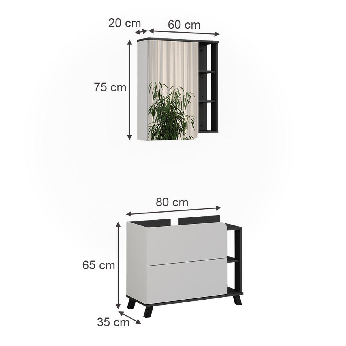 SÚPRAVA KÚPEĽŇOVÉHO NÁBYTKU Karen, biely/antracitová, 2 časti - biela/antracitová, kompozitné drevo (80/65/35cm) - Vicco