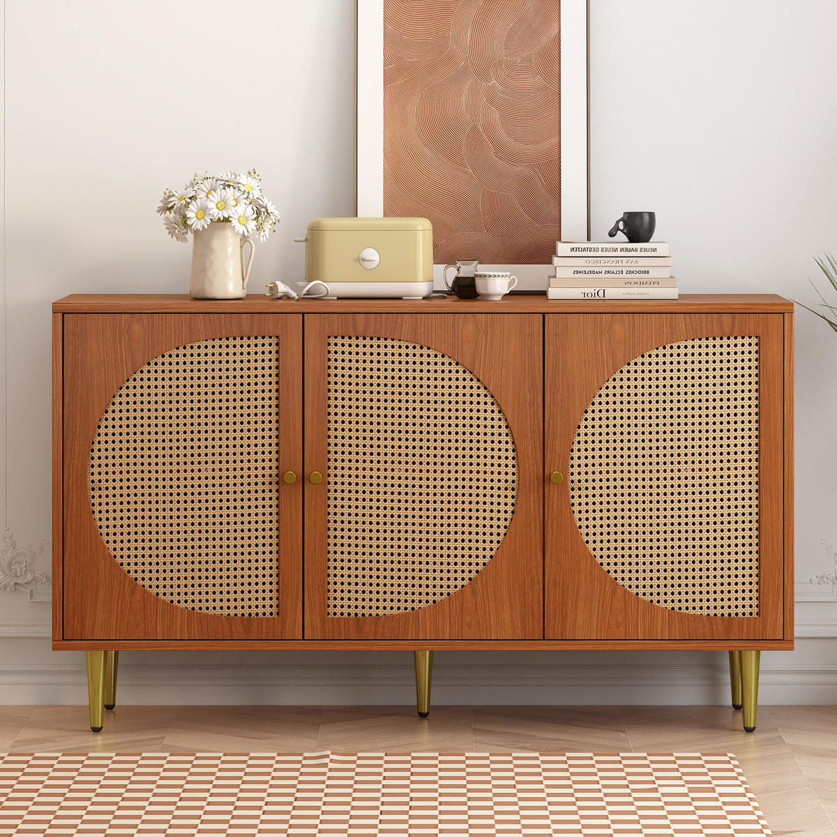 SIDEBOARD mit 3 Rattan-Türen und verstellbaren Einlegeböden, 129,8/40/76 cm, Walnussoptik - Walnussfarben, Holzwerkstoff (129.8/76/40cm) - Redom
