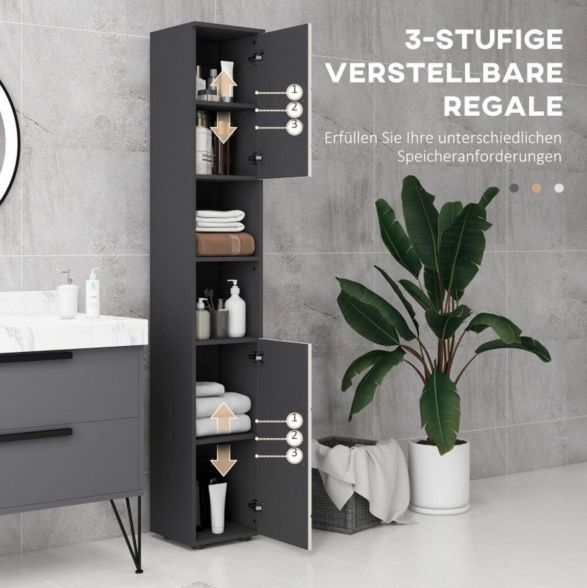 BADEZIMMERSCHRANK schmal 183 x 30 x 30 cm Dark Gray - Dunkelgrau, Holzwerkstoff (30/183/30cm) - Beauniv