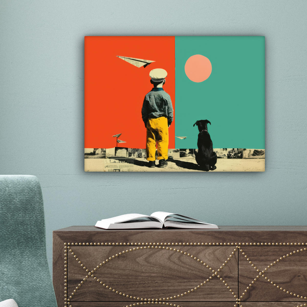 LEINWANDBILD Retro - Junge - Hund - Rot - Grün Wandbild 40x30 cm - Orange, Textil (40/30cm) - MuchoWow