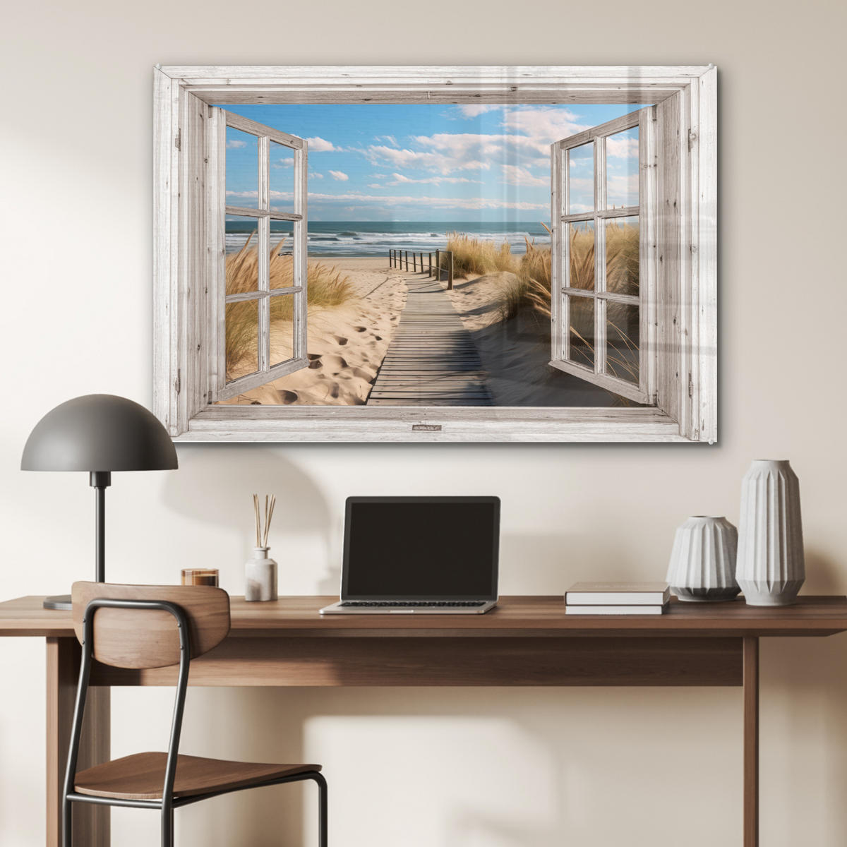 ACRYLGLASBILD Fenster - Meer - Küste - Natur - Ausblick - Strand - Wattenmeer 120x80 cm - Beige, Glas (120/80cm) - MuchoWow