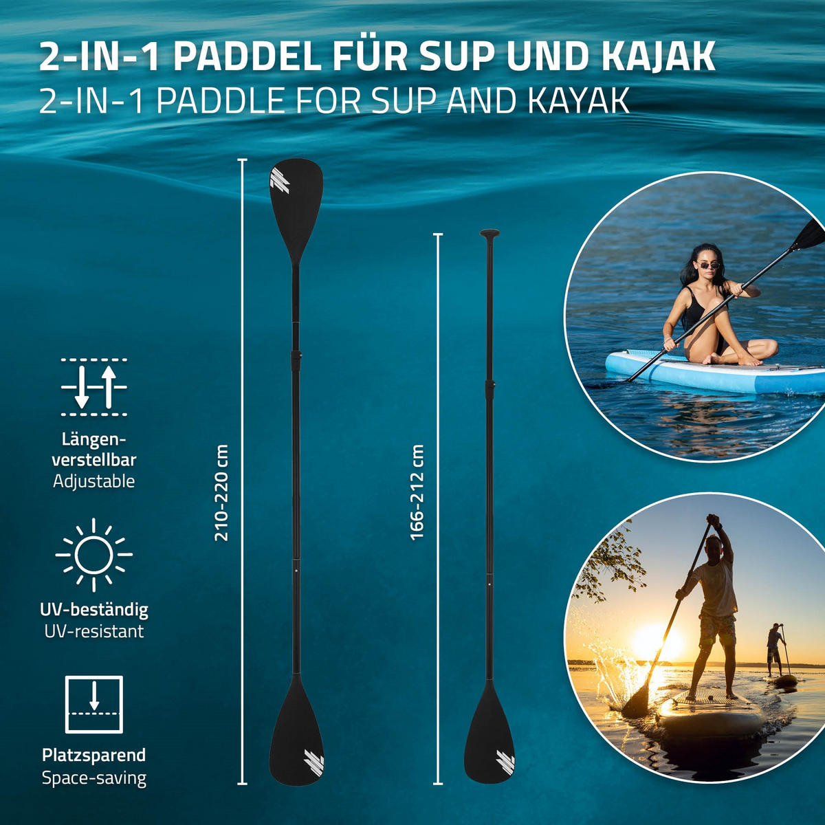 DOPPELPADDEL für SUP und Kajak - Schwarz, Kunststoff (2.8/20/220cm) - ECD-Germany